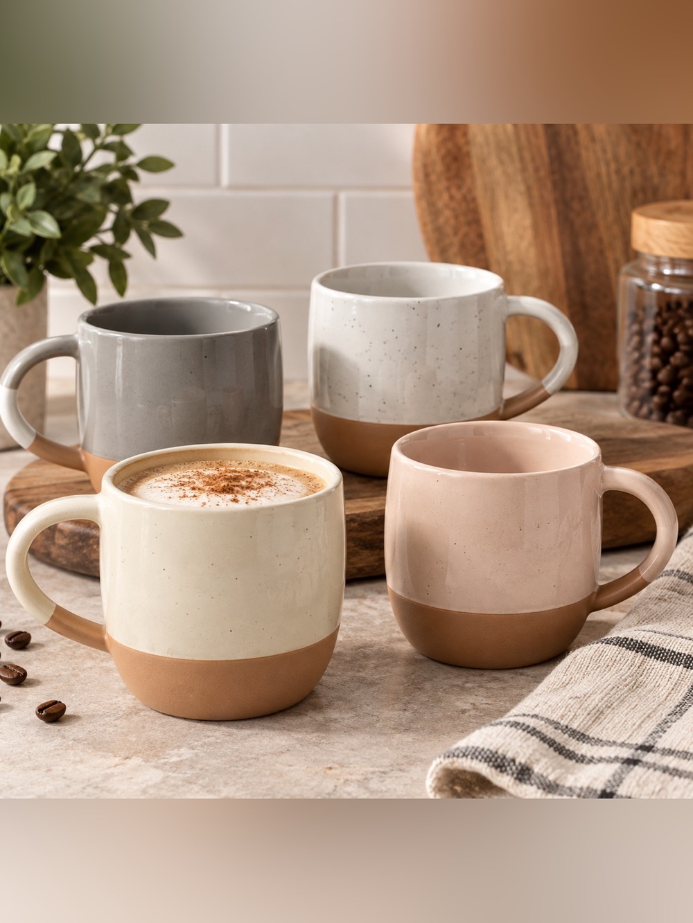 Mora Ceramics Hit Pause 12 oz Coffee Mugs Set of 4 Neutral Stoneware